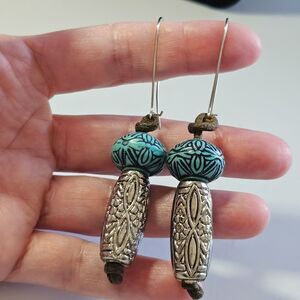 Silver Tone and Blue Chunky Beaded Dangling Earrings